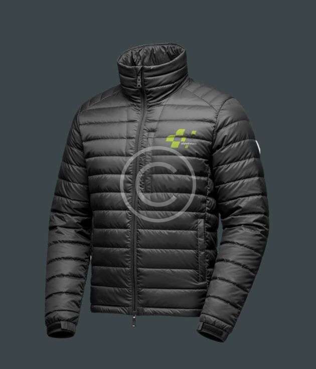 Insulated black racing puffer jacket
